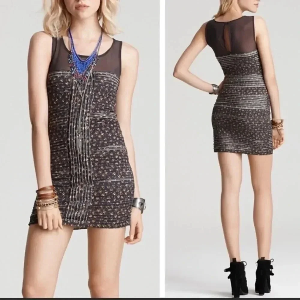 FREE PEOPLE Gray Floral Sleeveless Ruffle Shimmy Bodycon Mini Dress Small